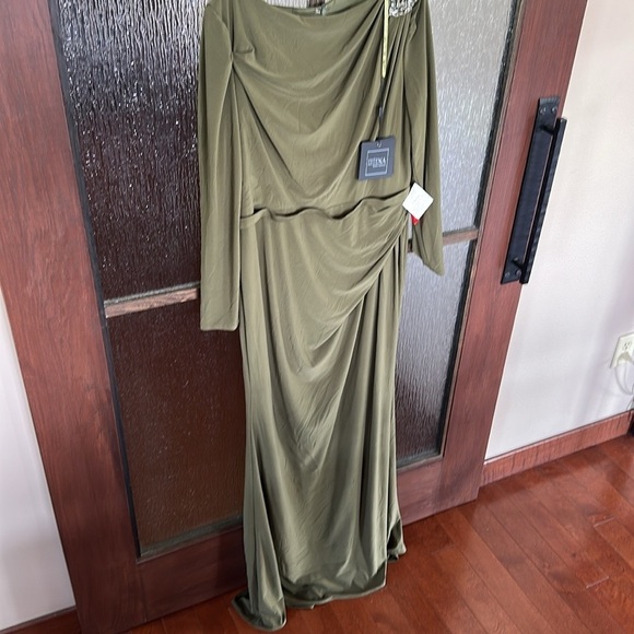 Mac Duggal 55695 Green Draped Long Sleeve Trumpet Gown Dress Olive size 12 - Picture 4 of 5